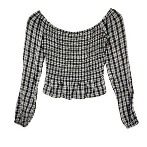 Hollister Black White Plaid Smocked Crop Peplum Top Small Cottagecore Peasant